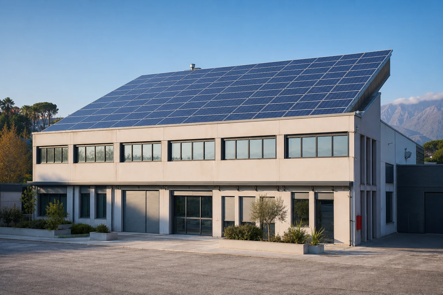 Edificio aziendale con un ampio impianto fotovoltaico installato sulla copertura