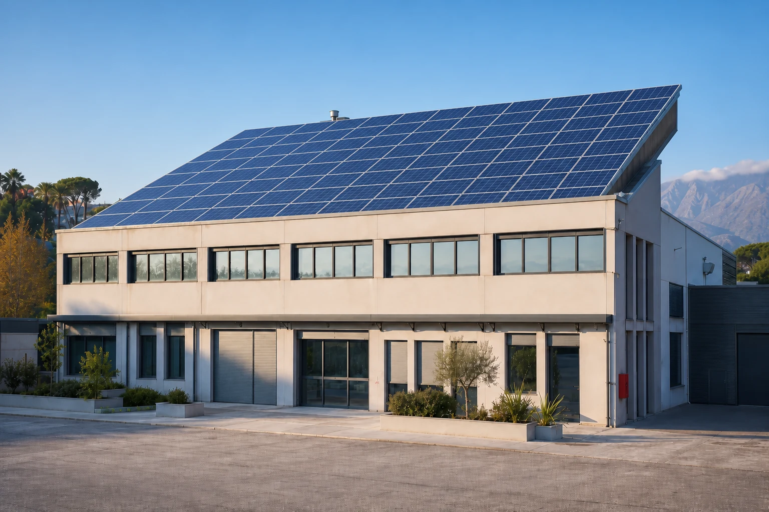 Edificio aziendale con un ampio impianto fotovoltaico installato sulla copertura
