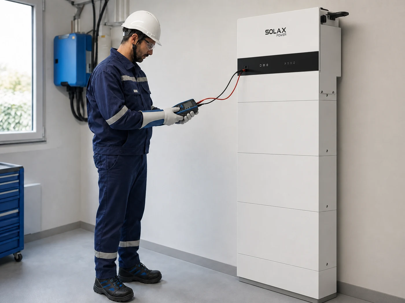Tecnico con DPI durante il collaudo di un sistema di accumulo SolaX