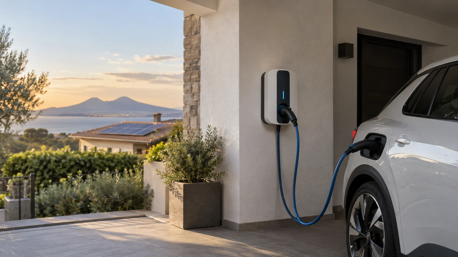 Wallbox domestica collegata a un’auto elettrica presso un’abitazione con impianto fotovoltaico